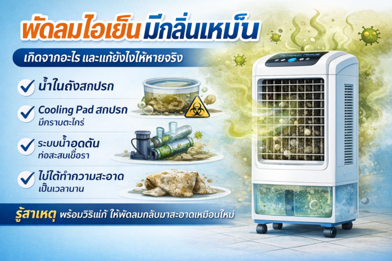พัดลมไอเย็นมีกลิ่นเหม็น เกิดจากอะไร และแก้ยังไงให้หายจริง