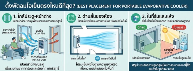 ตั้งพัดลมไอเย็นตรงไหนดีที่สุด ให้เย็นจริง ลมแรงทั่วพื้นที่