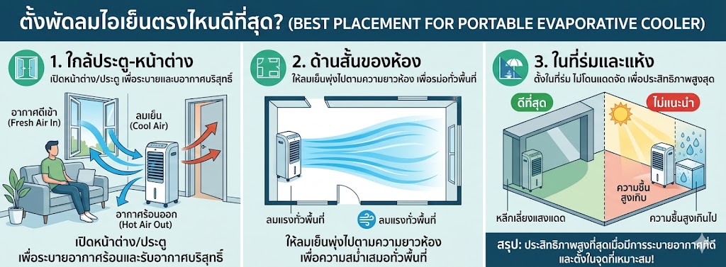 ตั้งพัดลมไอเย็นตรงไหนดีที่สุด ให้เย็นจริง ลมแรงทั่วพื้นที่