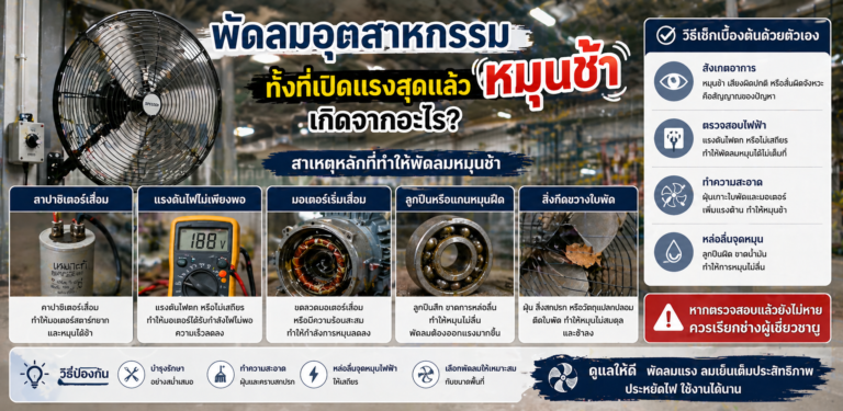 พัดลมอุตสาหกรรมหมุนช้า ทั้งที่เปิดแรงสุดแล้ว เกิดจากอะไร