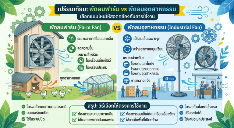 พัดลมฟาร์ม vs พัดลมอุตสาหกรรม เลือกแบบไหนให้สอดคล้องกับการใช้งาน