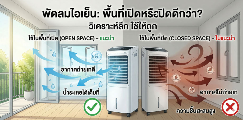 พัดลมไอเย็น (Evaporative Cooler) ใช้พื้นที่เปิดหรือปิดดีกว่า วิเคราะห์ลึก ใช้ให้ถูก