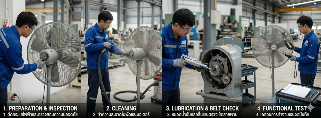 การตรวจเช็คและบำรุงรักษาพัดลมอุตสาหกรรมแบบตั้งพื้นอย่างมีประสิทธิภาพ