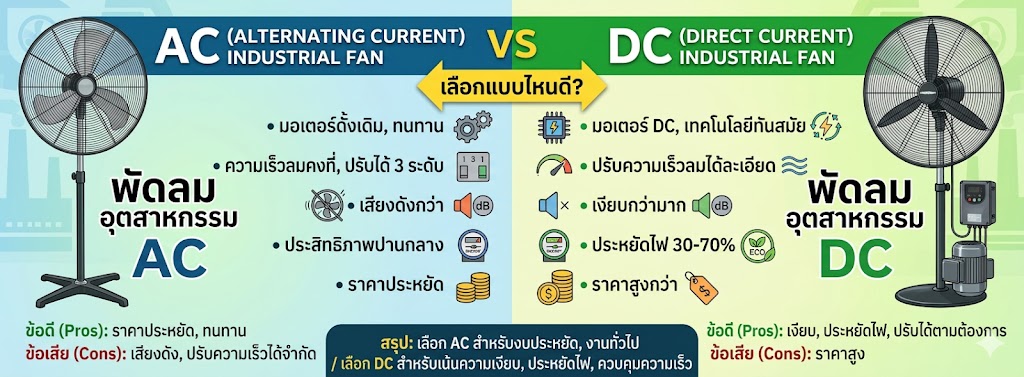 พัดลมอุตสาหกรรม AC vs DC ต่างกันยังไง เลือกแบบไหนดี